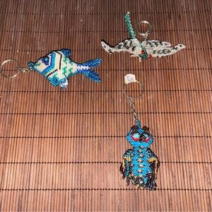 Handmade Beaded Animal Keychain Set - Blue Fish, Dragonfly and Owl